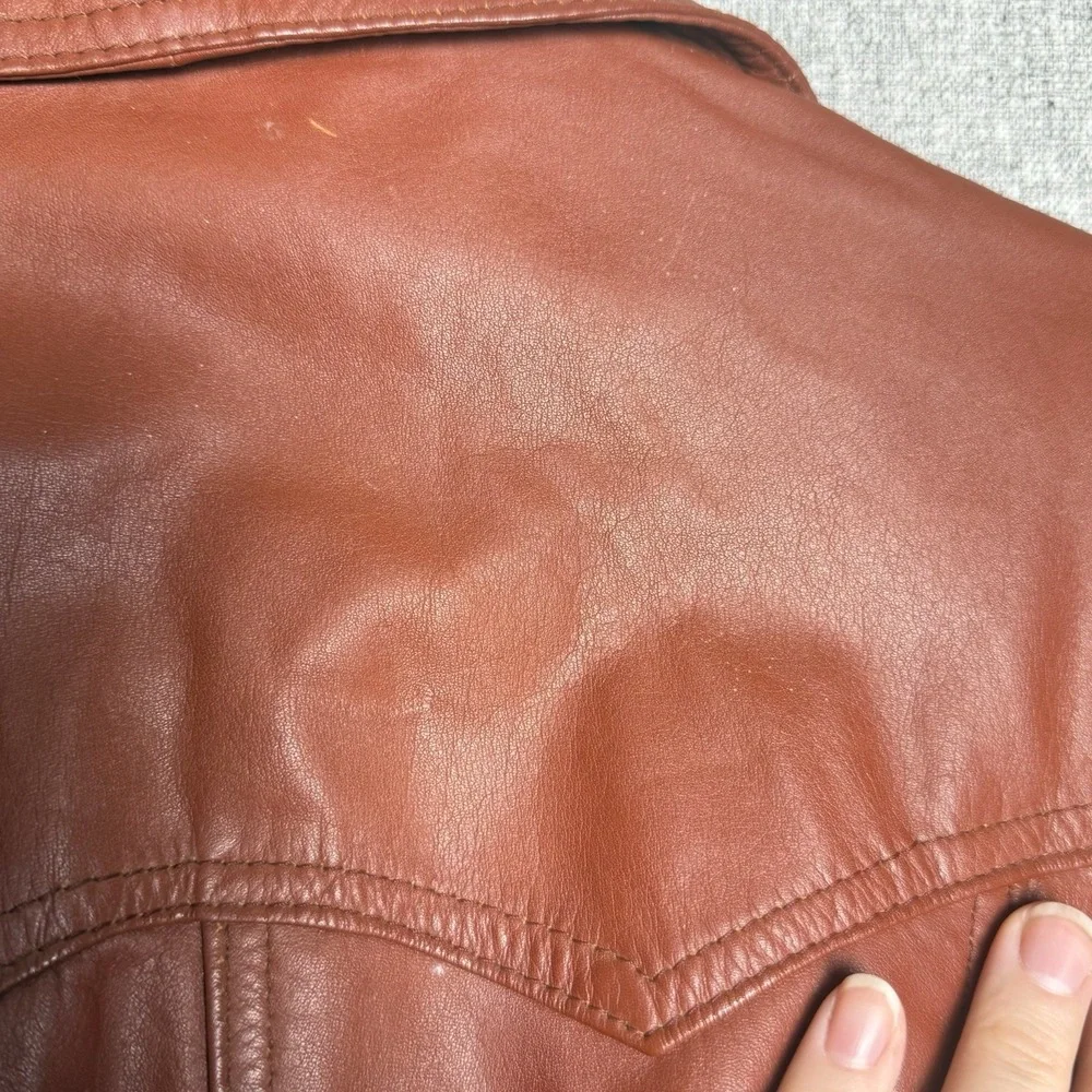 Vintage 70s Rust Brown Orange Leather Full Length Trench Coat Made Korea SMALL - Picture 15 of 16